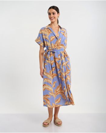 ΦΟΡΕΜΑ ΜΕ 3/4 ΜΑΝΙΚΙ ΣΕ ΜΠΛΕ ΧΡΩΜΑ ΜΕ ΜΠΕΖ '' ΦΥΛΛΑ'' ONE SIZE ( 100% COTTON)