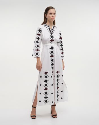 LONG DRESS/KAFTAN IN WHITE COLOR WITH BLACK/RED EMBROIDERY DESIGNS ONE SIZE (100% COTTON)