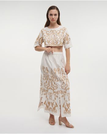 S/2 CROP TOP AND SKIRT IN WHITE COLOR WITH GOLD EMBROIDERY DESIGNS ONE SIZE (100% COTTON)