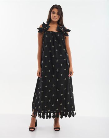 ΦΟΡΕΜΑ ΜΑΚΡΥ ΑΜΑΝΙΚΟ ΜΑΥΡΟ ΜΕ ΜΠΕΖ ΚΕΝΤΗΜΑΤΑ ΚΑΙ ΛΟΥΛΟΥΔΙΑ ONE SIZE (100% COTTON)