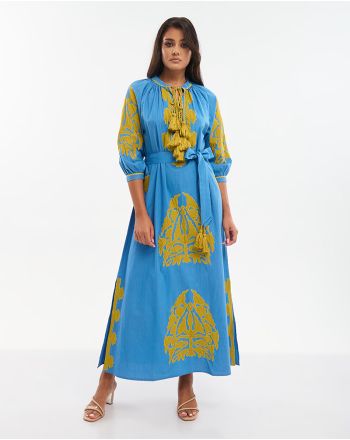 ΦΟΡΕΜΑ ΜΑΚΡΥ ΜΕ 3/4 ΜΑΝΙΚΙ ΜΠΛΕ ΜΕ ΧΡΥΣΑ ΚΕΝΤΗΜΑΤΑ ONE SIZE (100% COTTON)