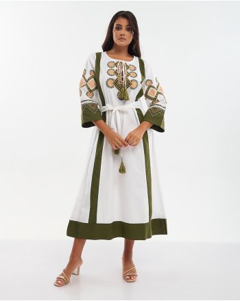 ΦΟΡΕΜΑ ΜΑΚΡΥ ΜΕ ΚΟΝΤΟ ΜΑΝΙΚΙ ΛΕΥΚΟ ΜΕ ΜΠΕΖ/ΠΡΑΣΙΝΑ ΚΕΝΤΗΜΑΤΑ ONE SIZE (100% COTTON)