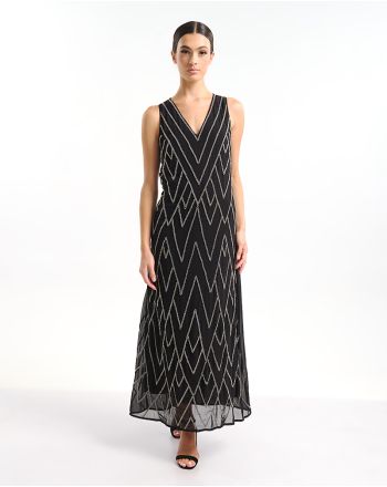 ΦΟΡΕΜΑ ΜΑΚΡΥ ΑΜΑΝΙΚΟ ΣΕ ΜΑΥΡΟ ΧΡΩΜΑ ΜΕ ΑΣΗΜΙ ΛΕΠΤΟΜΕΡΕΙΕΣ ONE SIZE (100% POLY GEORGET WITH POLY LINING)