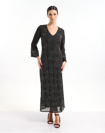 ΦΟΡΕΜΑ ΜΑΚΡΥ ΜΕ ΜΑΚΡΥ ΜΑΝΙΚΙ ΣΕ ΜΑΥΡΟ ΧΡΩΜΑ ΜΕ ΑΣΗΜΙ ΛΕΠΤΟΜΕΡΕΙΕΣ ONE SIZE (100% POLY GEORGET WITH POLY LINING)