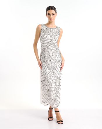 ΦΟΡΕΜΑ ΜΑΚΡΥ ΑΜΑΝΙΚΟ ΜΕ ΣΕ ΛΕΥΚΟ ΧΡΩΜΑ ΜΕ ΑΣΗΜΙ ΛΕΠΤΟΜΕΡΕΙΕΣ ONE SIZE (100% POLY GEORGET WITH POLY LINING)