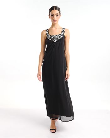 ΦΟΡΕΜΑ ΜΑΚΡΥ ΜΕ ΑΜΑΝΙΚΟ ΜΑΝΙΚΙ ΣΕ ΜΑΥΡΟ ΧΡΩΜΑ ΜΕ ΑΣΗΜΙ ΛΕΠΤΟΜΕΡΕΙΕΣ ONE SIZE ( 100% POLY GEORGET WITH POLY LINING)