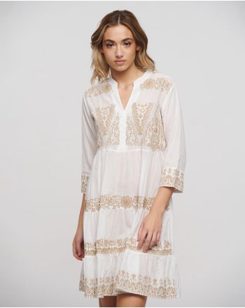LONG DRESS WITH LONG SLEEVES IN WHITE COLOR WITH BEIGE EMBROIDERY DETAILS ONE SIZE (100% COTTON)