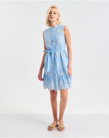 ΦΟΡΕΜΑ ΚΟΝΤΟ ΑΜΑΝΙΚΟ ΜΠΛΕ ΜΕ ΛΕΥΚΟ ΚΕΝΤΗΤΕΣ ΛΕΠΤΟΜΕΡΕΙΕΣ ΚΑΙ ΖΩΝΑΚΙ ONE SIZE (100% COTTON)