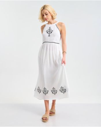 ΦΟΡΕΜΑ ΜΑΚΡΥ ΑΜΑΝΙΚΟ ΛΕΥΚΟ ΜΕ ΜΑΥΡΕΣ ΚΕΝΤΗΤΕΣ ΛΕΠΤΟΜΕΡΕΙΕΣ ONE SIZE (100% VISCOSE)