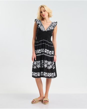 ΦΟΡΕΜΑ ΜΑΚΡΥ ΑΜΑΝΙΚΟ ΜΑΥΡΟ ΜΕ ΛΕΥΚΕΣ ΚΕΝΤΗΤΕΣ ΛΕΠΤΟΜΕΡΕΙΕΣ ONE SIZE (100% COTTON)