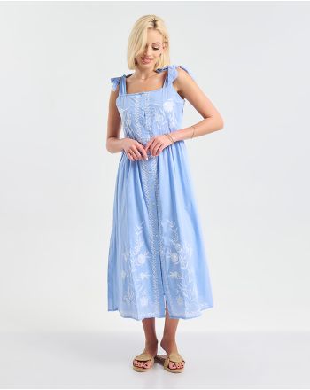 ΦΟΡΕΜΑ ΜΑΚΡΥ ΑΜΑΝΙΚΟ ΜΠΛΕ ΜΕ ΛΕΥΚΕΣ ΚΕΝΤΗΤΕΣ ΛΕΠΤΟΜΕΡΕΙΕΣ ONE SIZE (100% COTTON)