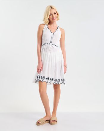 ΦΟΡΕΜΑ ΚΟΝΤΟ ΑΜΑΝΙΚΟ ΛΕΥΚΟ ΜΕ ΜΑΥΡΕΣ ΚΕΝΤΗΤΕΣ ΛΕΠΤΟΜΕΡΕΙΕΣ ONE SIZE (100% VISCOSE)