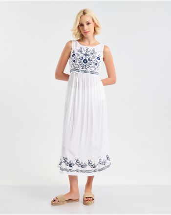 ΦΟΡΕΜΑ ΜΑΚΡΥ ΑΜΑΝΙΚΟ ΛΕΥΚΟ ΜΕ ΜΠΛΕ ΚΕΝΤΗΤΕΣ ΛΕΠΤΟΜΕΡΕΙΕΣ ONE SIZE (100% VISCOSE)