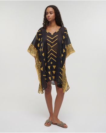 PATTERNED KAFTAN IN BLACK/MUSTARD COLOR ONE SIZE (100% COTTON)