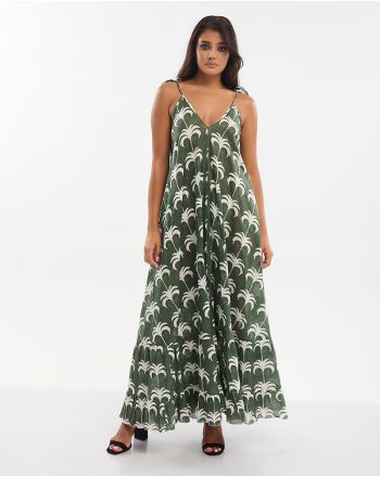 ΦΟΡΕΜΑ ΜΑΚΡΥ ΜΕ ΤΙΡΑΝΤΕΣ ΣΕ ΣΚΟΥΡΟ ΠΡΑΣΙΝΟ ΧΡΩΜΑ ΜΕ ΦΟΙΝΙΚΕΣ ONE SIZE (100% COTTON)