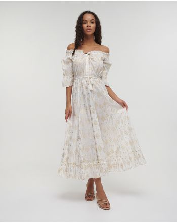 LONG DRESS WITH 3/4 SLEEVES IN WHITE COLOR WITH GOLD DETAILS ONE SIZE (100% COTTON)
