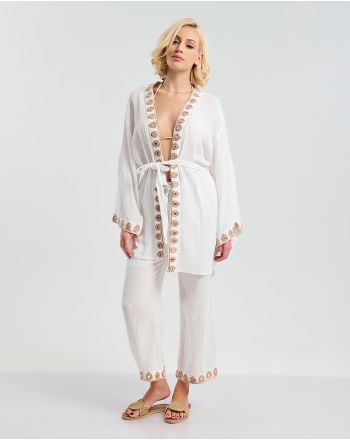 S/2 ΚΙΜΟΝΟ ΜΕ ΖΩΝΗ ΚΑΙ ΠΑΝΤΕΛΟΝΑ ΛΕΥΚΟ ΜΕ ΚΑΦΕ ΛΕΠΤΟΜΕΡΕΙΕΣ ONE SIZE (100% COTTON)