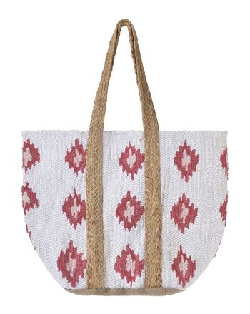 JUTE BAG IN WHITE WITH PINK FLOWERS AND BEIGE STRAPS 31X40X31 (70% COTTON 30% JUTE)