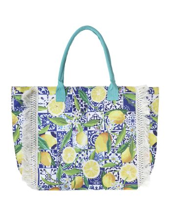 FABRIC BEACH BAG IN BLUE/WHITE COLOR WITH LEMONS 50X38X17 (100% POLYESTER)