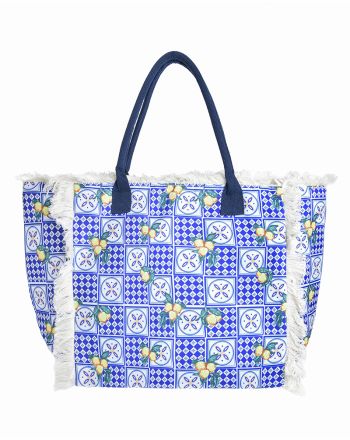 FABRIC BEACH BAG IN WHITE/BLUE COLOR WITH LEMONS 50X33X20 (100% POLYESTER)