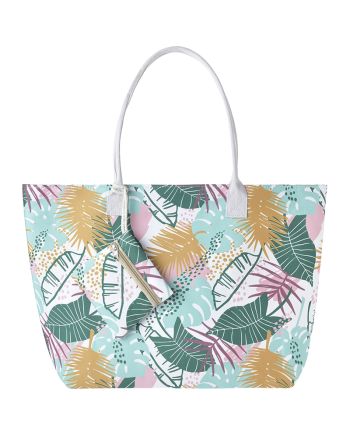 S/2 FABRIC BAG AND MINI BAG WITH GREEN/MUSTARD LEAFES 56X36X16/13X15 (100% POLYESTER)