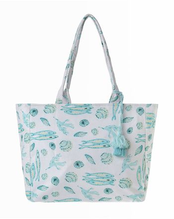 ΤΣΑΝΤΑ ΥΦΑΣΜΑΤΙΝΗ ΛΕΥΚΗ ΜΕ ΤΙΡΚΟΥΑΖ ΨΑΡΙΑ ΚΑΙ ΚΟΧΥΛΙΑ 42X35X20 (100% COTTON)