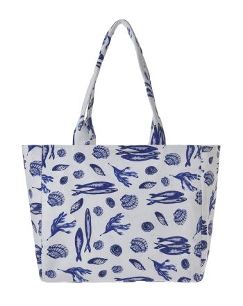 ΤΣΑΝΤΑ ΥΦΑΣΜΑΤΙΝΗ ΛΕΥΚΗ ΜΕ ΜΠΛΕ ΨΑΡΙΑ ΚΑΙ ΚΟΧΥΛΙΑ 42X35X20 (100% COTTON)