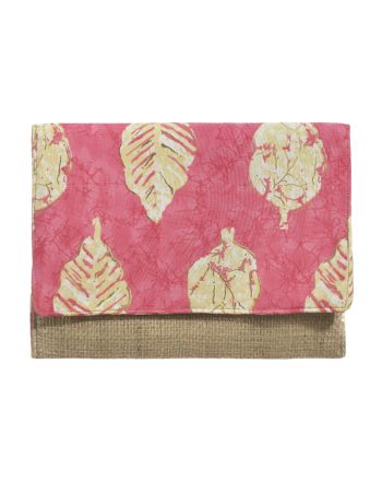 STRAW BAG/CLUTCH ΙΝ PINK COLOR WITH GOLD DESIGNS AND LEAVES 24Χ1Χ17