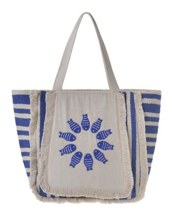 FABRIC BAG ''FISH'' IN ECRU COLOR WITH BLUE BEADS (32X29X15)