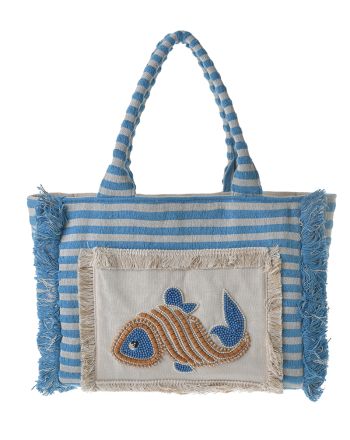 ΤΣΑΝΤA ΥΦΑΣΜΑΤΙΝΗ ''ΨΑΡΙ'' ΕΚΡΟΥ ΜΕ ΜΠΛΕ/ΚΙΤΡΙΝΕΣ ΧΑΝΤΡΕΣ (40X28X15)