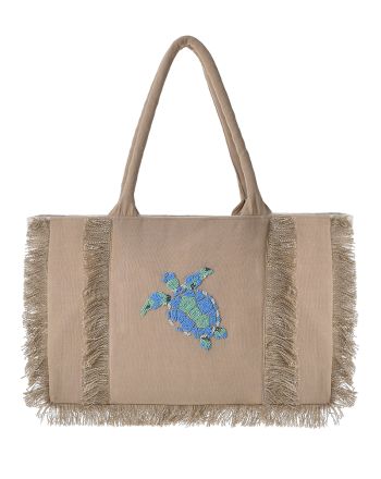 ΤΣΑΝΤA ΥΦΑΣΜΑΤΙΝΗ ''ΧΕΛΩΝΑ'' ΕΚΡΟΥ ΜΕ ΤΙΡΚΟΥΑΖ ΧΑΝΤΡΕΣ (40X28X15)