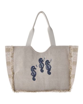 ΤΣΑΝΤA ΥΦΑΣΜΑΤΙΝΗ ''ΙΠΠΟΚΑΜΠΟΙ'' ΕΚΡΟΥ ΜΕ ΜΠΛΕ ΧΑΝΤΡΕΣ (45X35X17)