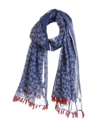 SCARF/PAREO IN BLUE COLOR WITH PRINTS AND RED FRINGES 100Χ180 (100% COTTON)