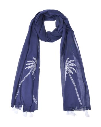 SCARF/PAREO IN BLUE COLOR WITH WHITE PALMS 100Χ180 (100% COTTON)