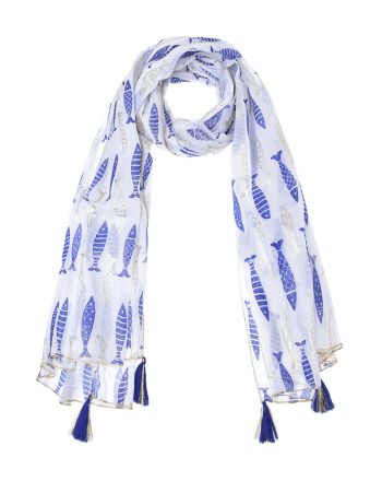 ΦΟΥΛΑΡΙ/ΠΑΡΕΟ ΣΕ ΛΕΥΚΟ ΧΡΩΜΑ ΜΕ ΜΠΛΕ/ΧΡΥΣΑ ΨΑΡΙΑ 100Χ180 (100% COTTON)