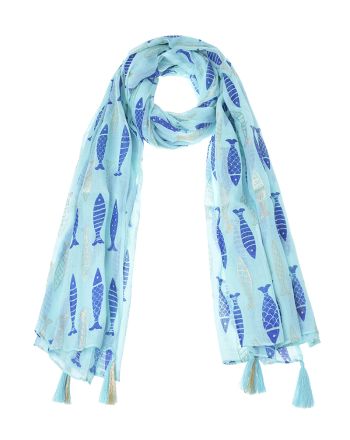 SCARF/PAREO IN TURQUOISE COLOR WITH BLUE/GOLD FISHES 100Χ180 (100% COTTON)