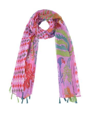 SCARF/PAREO IN PINK COLOR WITH PARROTS AND TASSELS 180Χ100 (100%COTTON)