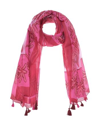 SCARF/PAREO IN PINK COLOR WITH PALM TREES AND TASSELS 180Χ100 (100% COTTON)