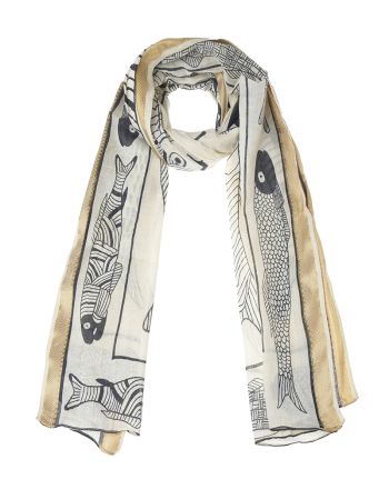 SCARF/PAREO IN ECRU COLOR WITH BLACK FISHES AND GOLD BORDER 100X180 (100%COTTON)