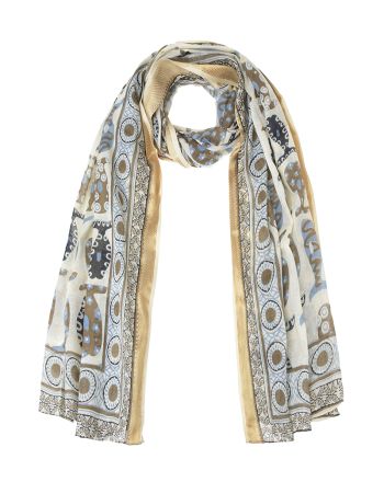 ΦΟΥΛΑΡΙ/ΠΑΡΕΟ ΕΚΡΟΥ ΜΕ ΓΑΛΑΖΙΑ/ΚΑΦΕ/ΜΑΥΡΑ ΨΑΡΙΑ ΚΑΙ ΧΡΥΣΗ ΜΠΟΡΝΤΟΥΡΑ 100X180 (100%COTTON)