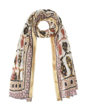SCARF/PAREO IN ECRU COLOR WITH RED/BROWN/BLACK FISHES AND GOLD BORDER 100X180 (100%COTTON)