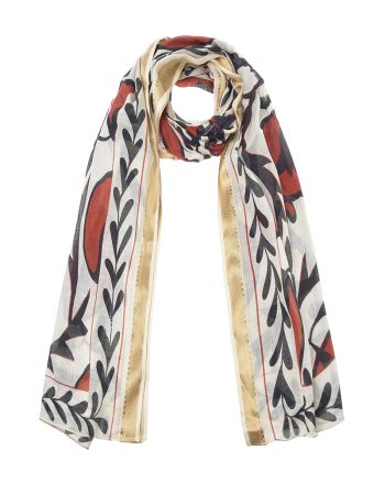 SCARF/PAREO IN ECRU/BLACK COLOR WITH RED POMEGRANATE 100X180 (100% COTTON)
