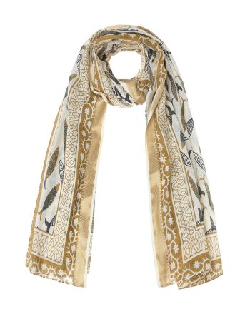 ΦΟΥΛΑΡΙ/ΠΑΡΕΟ ΕΚΡΟΥ ΜΕ ΜΟΥΣΤΑΡΔΙ/ΜΑΥΡΑ/ΜΠΛΕ ΨΑΡΙΑ ΚΑΙ ΧΡΥΣΗ ΜΠΟΡΝΤΟΥΡΑ 100X180 (100%COTTON)