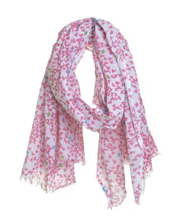 SCARF/PAREO IN WHITE COLOR WITH PINK BIRDS 100X180 (100% COTTON)