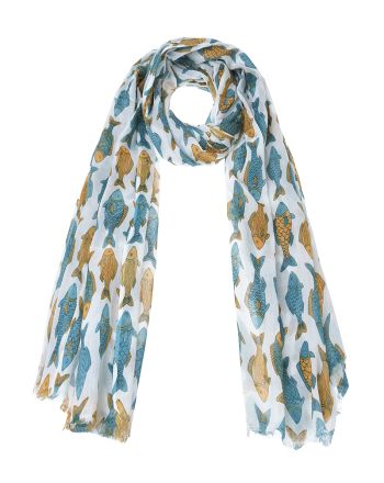 SCARF/PAREO WHITE WITH TURQUOISE FISH 100X180 (100% COTTON)