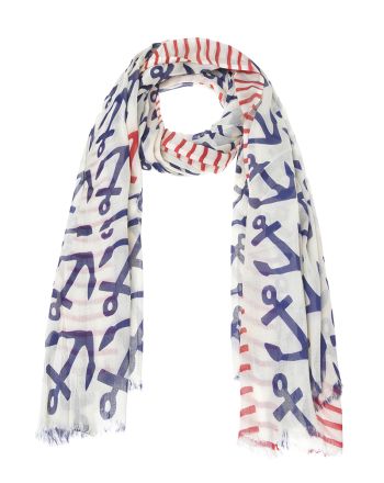 SCARF /PAREO IN ECRU WITH BLUE ANCHORS 100X180 (100% COTTON)