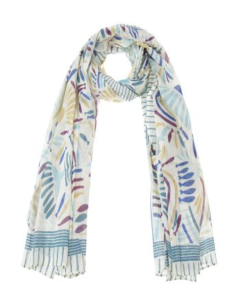 SCARF /PAREO IN ECRU WITH TURQUOISE/YELLOW DESIGNS 100X180 (100% COTTON)