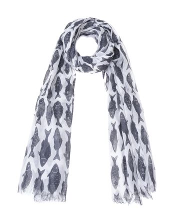 SCARF /PAREO IN WHITE COLOR WITH BLACK FISH 100X180 (100% COTTON)