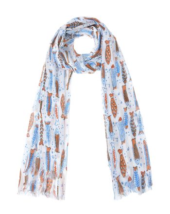 SCARF/PAREO IN WHITE COLOR WITH ORANGE/LIGHT BLUE FISH 100X180 (100% COTTON)