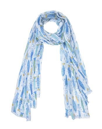 SCARF/PAREO IN WHITE COLOR WITH LIGHT BLUE/YELLOW FISH 100X180 (100% COTTON)